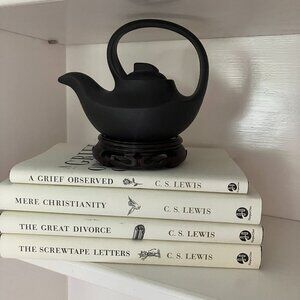 Asian Clay Pottery Teapot with Carved Stand